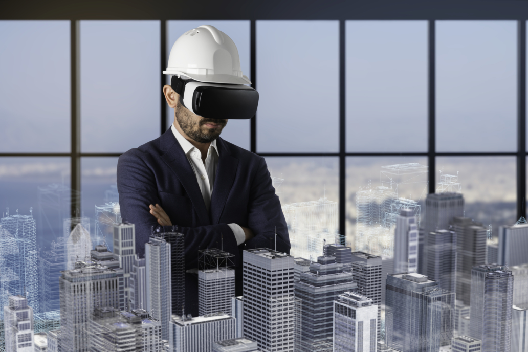 Man looking at Construction Plans with VR goggles